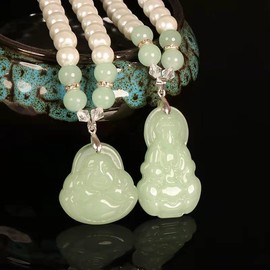 Fuqimanman2020 Lucky 18k Gold Plated Laughing Buddha Pendant Necklace Green Jade Cubic Zirconia Crystal Ice Out Gemstone Amulet Protection Jewelry for Women Men (GuanYin…)