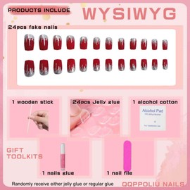 QQPPOLIU Square Press on Nail Medium Length Red Acrylic Nails with Design Glitter Fake Nails for Women and Girls 24pcs
