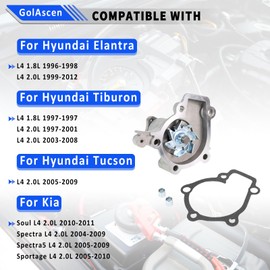Engine Water Pump W/Gasket Replaces# AW9353 2510023001 Replacement for Hyundai Elantra 1996-2012, Tiburon 1997-2008, Tucson Kia Spectra Spectra5 Sportage 2005-2009 Soul 2010-2011 L4 1.8L 2.0L