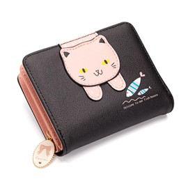 Jesustree Women's Small Bifold PU Leather Small Purse Short Format Women's Wallet Purse with Zip Coin Compartment, Card Slots for Girls Women, black, Casual