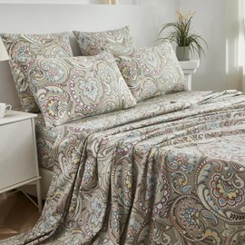 FADFAY Paisley Sheets Set King Vintage Floral Bedding Set 100% Egyptian Cotton Soft Breathable Bed Sheets Luxury 17.7“ Deep Pocket Fitted Sheet Shabby Beige Boho Style for All Season, King Size