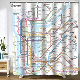 Gaakvrr Shower Curtain New York Subway Map Waterproof Polyester Fabric Bathroom Curtain Set with 12 Hooks, Unique Urban Bathroom Decor (180x180 cm)