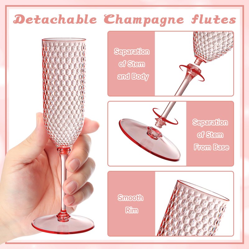 24 Pack Pink Detachable 2 piece Champagne Flutes 5.5 Oz