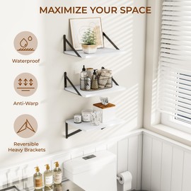 Heimlove Deep Floating Shelves for Wall, 12 Inch Deep Floating Shelves Set of 3, 16W x 12D Wood Wall Shelves, Wide Wood Shelves with Metal Bracket for Living Room, Kitchen, Office, Bedroom - White