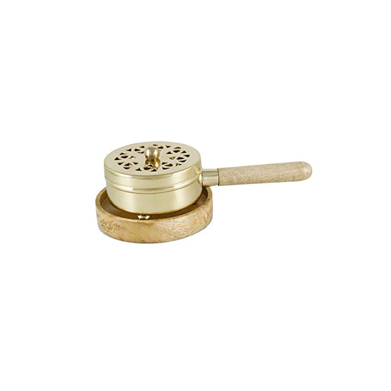 NKLaus 2217 Incense Pan Brass Golg with Wooden Coaster Frankincense