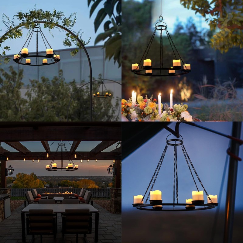 Outdoor Chandelier Solar, Hanging Candle Lantern with 7pcs Solar Powered