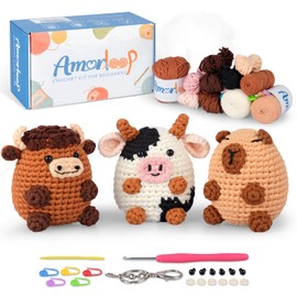 Crochet Animals Kit for Beginners Adults Kids – 3 PCS Crochet Animals Kit with Easy-to-See Stitches Yarn and Video Tutorials, Cute Designs, Crochet Starter Kit for First-Time Learners-Capybara Combo