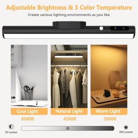 bravzurg Battery Powered Operated Wall Strip Lights, Motion Sensor LED Light Bar Indoor, Rechargeable Magnetic Under Cabinet Lighting Wireless with Remote Control for Closet Mirror Kitchen - Black