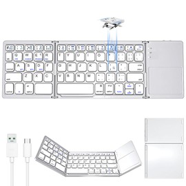 Teclado Inalámbrico Bluetooth Plegable Español, con Ñ, Teclado Tri-Plegable con Touchpad, Teclado Multidispositivo Portátil y Recargable, Teclado Ergonómico Silencioso para iOS, Android y Windows