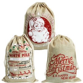 Pack of 3 Christmas Sacks 40 x 56 cm Jute Christmas Gift Bags with Drawstring Pack of 3