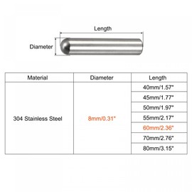 TOP-VIGOR 5Pcs 8mm x 60mm Dowel Pins, 304 Stainless Steel Round Head Flat Chamfered End Shelf Pegs Support Fasten Elements Silver Tone
