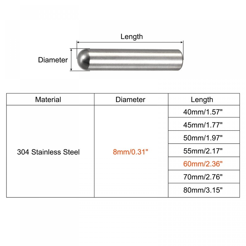 TOP-VIGOR 5Pcs 8mm x 60mm Dowel Pins, 304 Stainless Steel