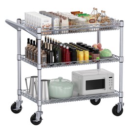WDT 990Lbs Capacity Heavy Duty Rolling Utility Cart, NSF Rolling Carts with Wheels,Commercial Grade Metal Cart with Handle Bar & Shelf Liner,Trolley Serving Cart for Kitchen,Restaurant,Silver