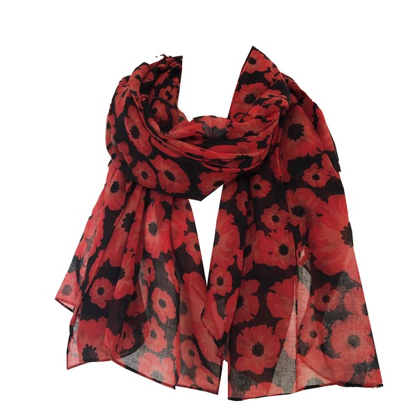 Pamper Yourself Now Black with small poppy design long Scarf,