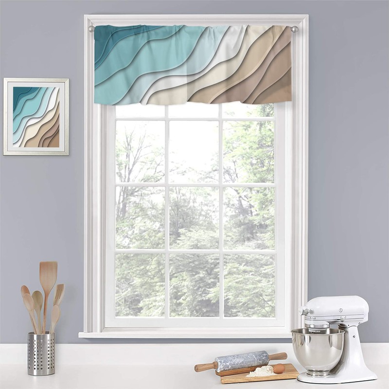 Curtain Valance for Windows Teal Blue Geometric Modern Aesthetic Rod
