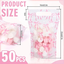FYSUIMU 50Pcs Pink Bow Clear Zip Lock Bags Coquette Bowknot Plastic Sealing Bags with Handle Cute Resealable Goodie Gift Bags for Birthday Baby Shower Party Supplies