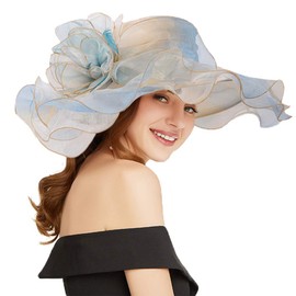 F FADVES Women Oganza Sun Hat Church Wide Brim Wedding Formal Fascinator Hat Light Blue