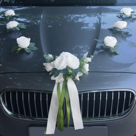 CusDusk Car Wedding Decoration Garland, Artificial Floral Bouquet with Ribbons, Just Married Front Vehicle Flower Decor, 6 White Flowers & Front Knot for Wedding Party Cars Decorations