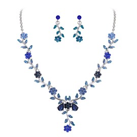 BriLove Women's Wedding Jewellery Set Vine Leaf Cluster Flower Crystal Dangle Earrings Pendant Necklace Set for Bridal Blue Silver-Tone