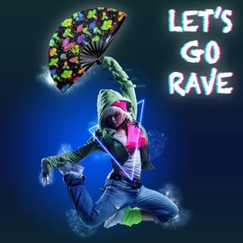 OMyTea Rave Hand Fan Foldable for Women/Men/Drag Queen - Large Clack Festival Folding Hand Fan - for EDM, Music Festival, Event, Party, Dance, Performance (Green Mushroom)