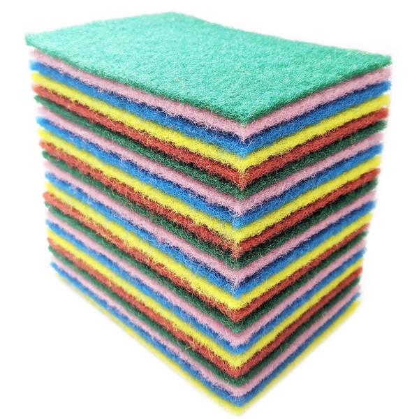 Bundaloo 24 Pack Scouring Pads Scrubbers Set in Red, Yellow, Pink, Green and Blue - Multipurpose, Non Abrasive, Non Scratch - Synthetic Fiber Cleaning and Scouring Scrubs - 6x4 Inches…