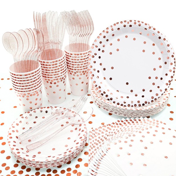 hapray Rose Gold Party Supplies, (Serves 24) Disposable Paper Plates, Napkins, Cups, Knives, Spoons, Forks, Tablecloth, Baptism Decorations, Baby Shower Birthday Bridal Valentines Day