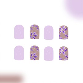 Flower Press on Nails Short Square Fake Nails Press ons with Designs Purplel False Nails Glossy Full Cover Acrylic Glue on Nails Cute Artificial Stick on Nails for Women Nails Decoration 24Pcs