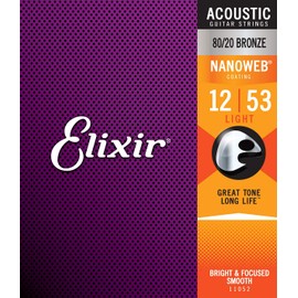 ELIXLR Strings 80/20 Bronze Acoustic Guitar Strings w NANOWEB Coating, Light (.012-.053)