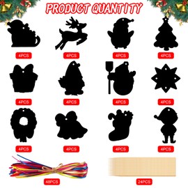 TIANLUD Christmas scratch pictures for children, 48 pieces scratch paper rainbow, scratch pictures pendant Christmas, 48 ribbons and 24 bamboo sticks, Christmas party accessories for hanging for the