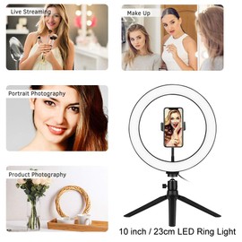 PHOTOLUX LED Ring Light with Desktop Tripod, 10 inch Dimmable Ring Light, 3 Colour Modes and 10 Brightness Levels, USB Powered, Phone Holder for Live Streaming, Make Up, Camera, Selfie