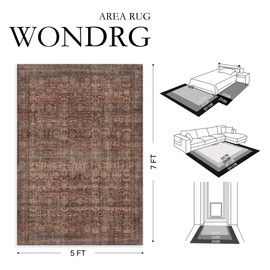 WondRg 8x10 Red Washable Neutral Area Rug Living Room Floral Non Slip Low Pile Large Rug Vintage Traditional Stain Resistant Distressed Carpet Bedroom Dining Room Office Playroom