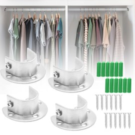 Qjaiune 4PCS Closet Pole Socket Set Wardrobe Rod Bracket, 1-1/4 Inch Curtain Rod Support Bracket Silver Closet Rod Holder, Stainless Steel Closet Flange Heavy Duty Closet Rod End Supports (U Shaped)