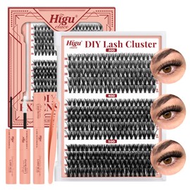 Higu clace Lash-Clusters-Kit, DIY-Lash-Extension-Kit with Lash Bond and Seal waterproof D Curl 10-16mm Individual Lashes Clusters with Lash Applicator Tools for Easy To Apply at Home(3D 304050D KIT)