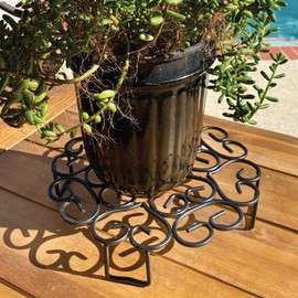 Lily’s Home Heavy Duty Metal Indoor Outdoor Potted Plant Stand, Scroll Design, Black. (8 inch)