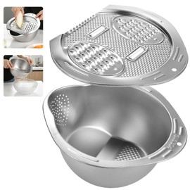 Rice Washer Strainer Bowl with Grater Lid, Stainless Steel Multi-function Slicer Cuts for Varied Size Grate & Slicing, Food-Safe Rice Colander Strainer for Vegetables, Fruit, Pasta