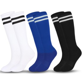 Age 6-8 Kid Soccer Socks 3 Pairs Knee High Tube long Two Stripes Uniform Socks for Boys Girls (Blue&White&Black)