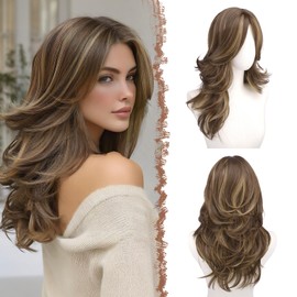 FESHFEN Brown Mixed Blonde Wavy Layered Wig with Curtain Bangs for Women, 20 Inch Long Synthetic Natural Looking Middle Part Hair Wig For Costume Party Daily Use
