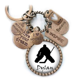 Hockey Goalie Custom Name Keychain, Backpack Clip or Necklace, Live Your Dream, Live With No Regrets, Boys, Teens, Men, Hockey Goalie Gift