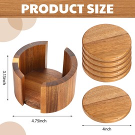 LemonRoad Set of 7 Acacia Wood Coaster Stand Set 6 Round 3.6'' Coasters with 1 Holder Dark Brown Rustic Wooden Drink Coaster for Coffee Table, Bar, Kitchen, Home Decor and Housewarming Gift