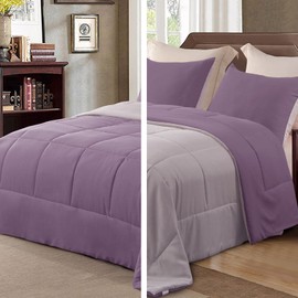 Exclusivo Mezcla Lightweight Reversible 3-Piece Comforter Set All Seasons, Down Alternative Comforter with 2 Pillow Shams, Queen Size, Dusty Lavender/Lilac Ash