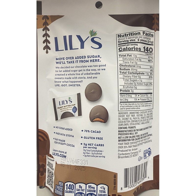 Lily's LILYS PEANUT BUTTER CUPS 70% CACAO Dark Chocolate 3.2