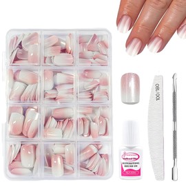 Short Cat Eye Press on Nails Kit - 240Pcs Natural Gradient Pink False Nails Set - Glossy Full Cover Cateye Stick on Nails with Glue - Acrylic French Pink Tips Fake nails for Women Girls