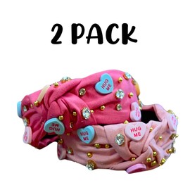 Valentine’s Day Headband for Women 2 pack| Hot Pink & Light Pink Hearts & Jewels Top Knot Heart XOXO Luv U Rhinestones Crystals Beaded Galentine’s Heart Candy Charms