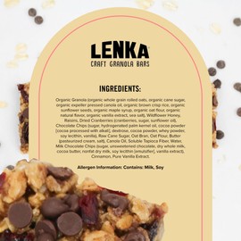Lenka Bars - Cranberry Chocolate Snack Bars, Gluten Free, High Fiber, Kosher, Wholesome, No Artificial Flavors, Individually Wrapped - 12 Pack