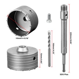SALI Concrete Hole Saw Kits 4-5/16"（110mm）Tungsten Steel Wall Hole Cutter Drill Bit Sets with 220mm SDS Plus Shank Connecting Rod，110mm Center Positioning Drill Bits for Cement Wall Masonry Foam Brick