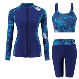 Ausing Swimwear for Women Floral Printed 3 Piece Rash Guard Zipper Shirts Sun Protection Tankini Set for Surfing Swimming M Blue