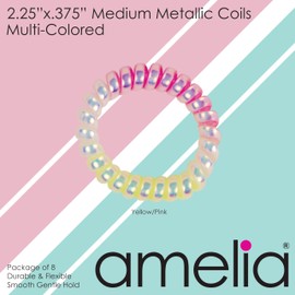 Amelia Beauty, 8-Pack Fun & Sparkly Multi-Colored Telephone Cord Hair Ties, 2.25in Yellow & PInk Spirals, Strong Hold, Gentle on Hair!