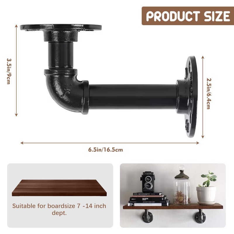 HRXMS 6 Pack Industrial Pipe Shelf Brackets, Black Iron for