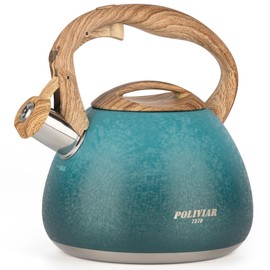 Poliviar Induction Tea Kettle - Kettle for Induction and Gas Stoves - 2.5 L Whistling Kettle with Wood Grain Handle - Kettle Induction Whistling Kettle Made of Stainless Steel - New Design Version