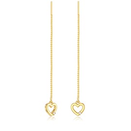 14K Solid Gold Diamond Heart Dangle Earrings for Women, Dainty 6mm Gold Open Heart Ear Line Dangle Drop Earrings Jewelry for Her